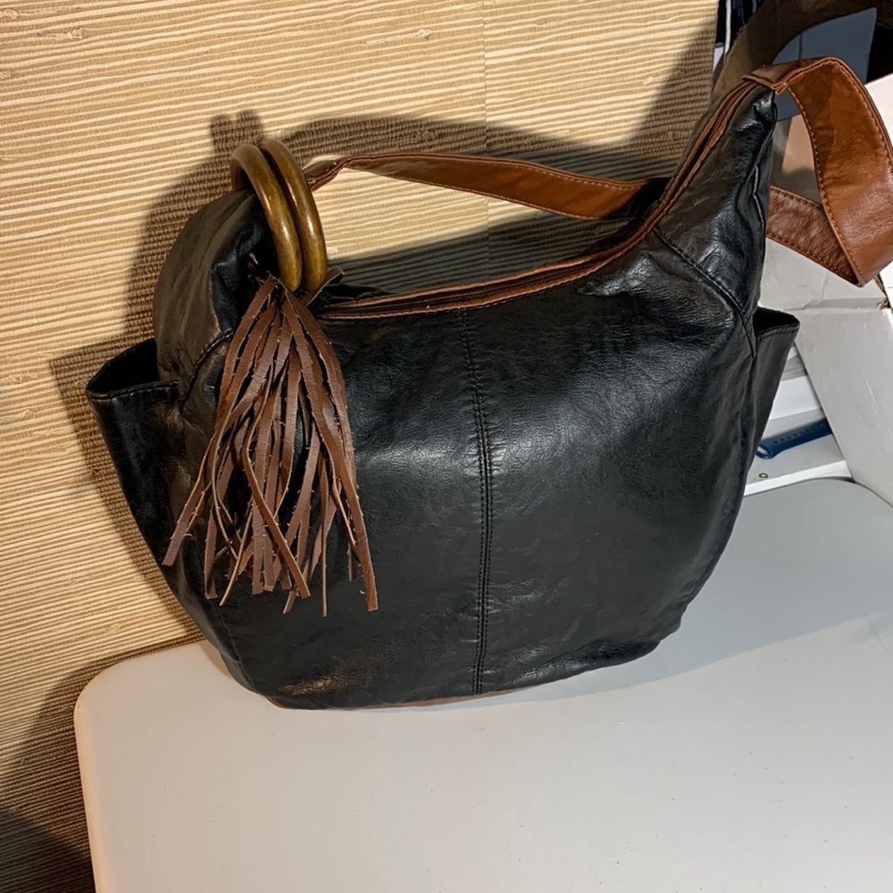GAL Purse Soft Faux Leather Brown and Black Purse 2 Wooden Accents